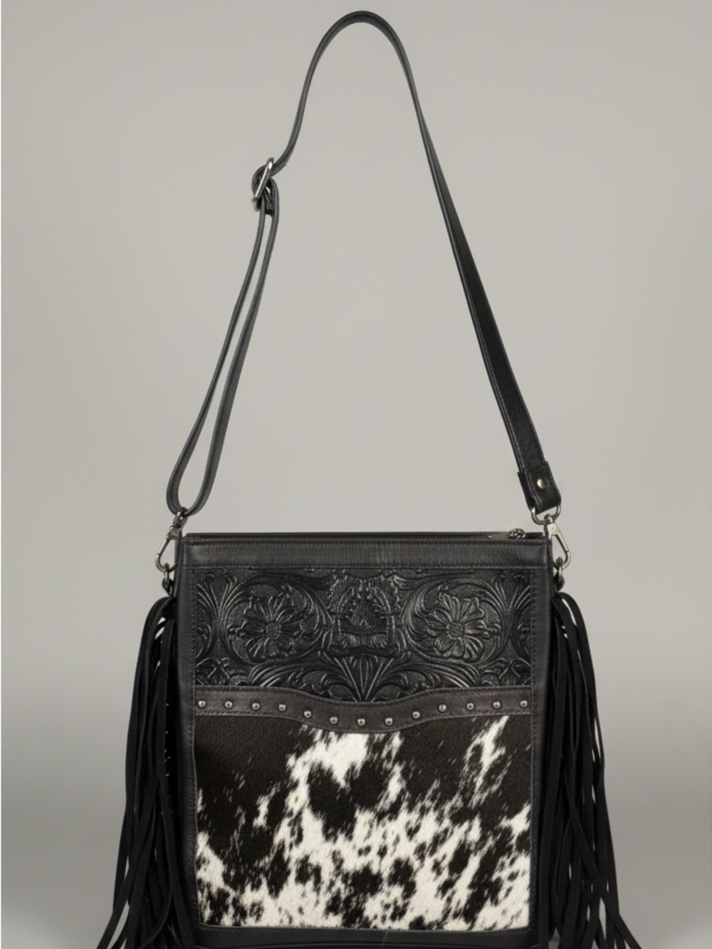 Montana West Black & White Cowhide Fringe Crossbody Bag - Picture 11 of 11